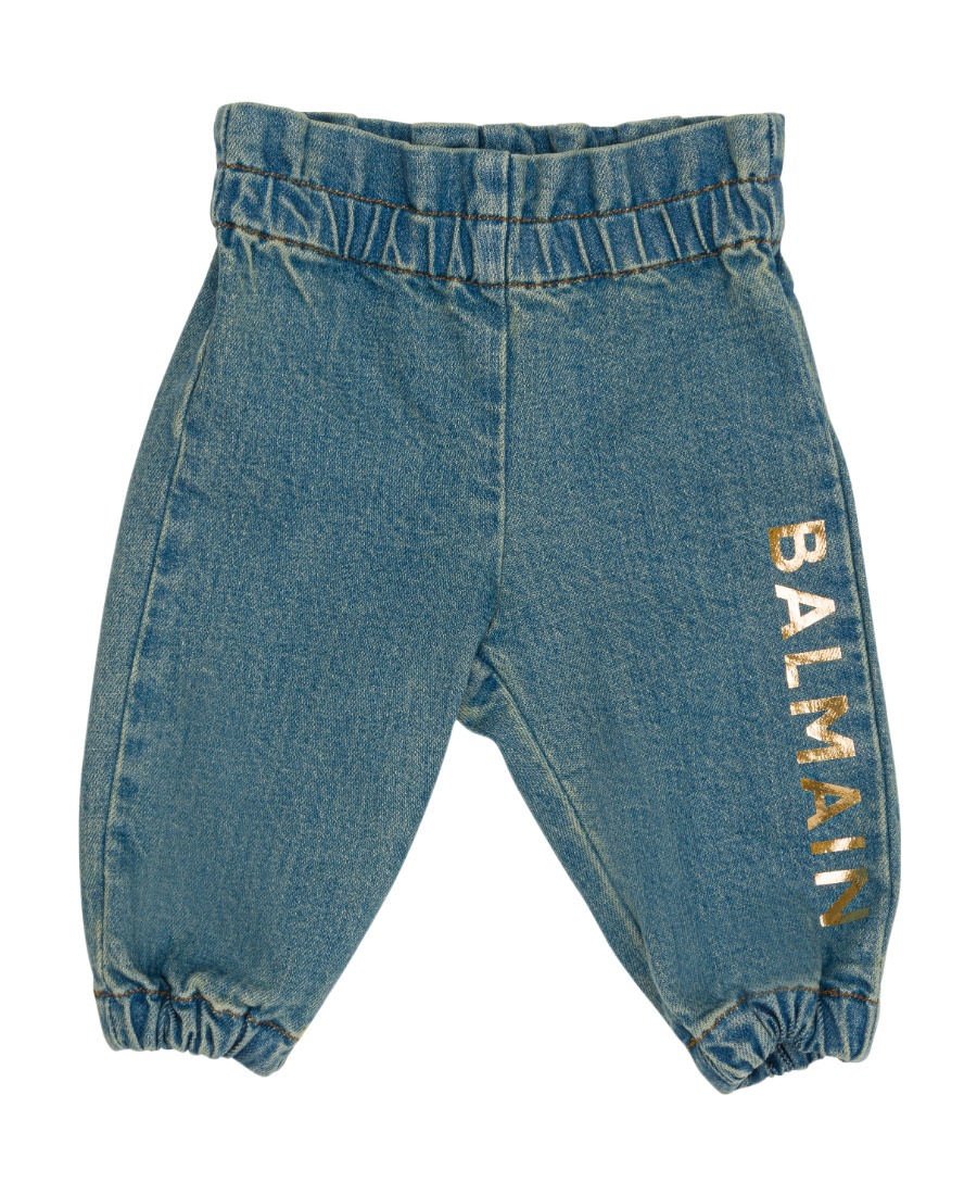 Shop Balmain Logo-print Elasticated Tapered Jeans In Blue