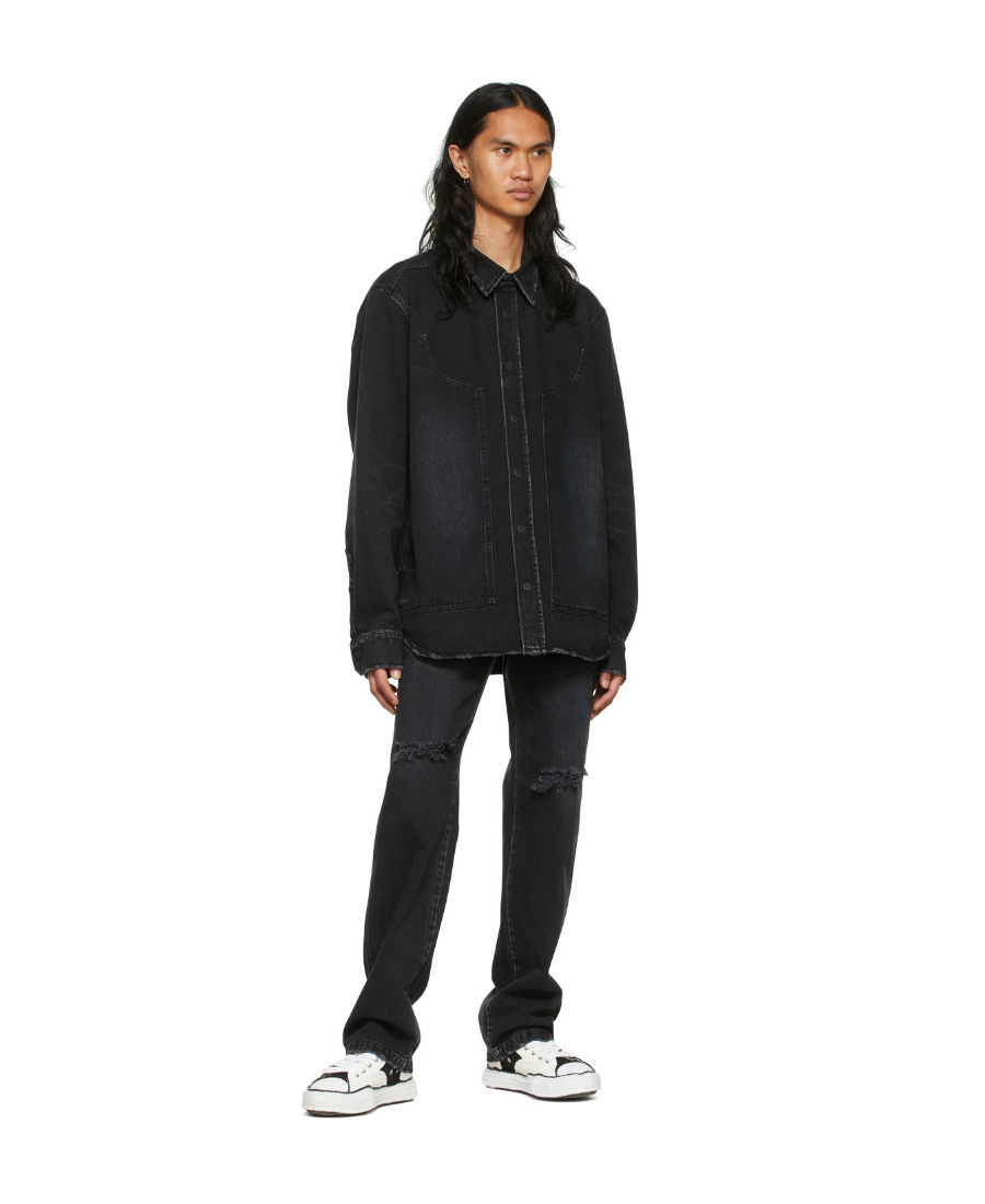 We11 Done Lapel Long-sleeved Denim Shirt In Black