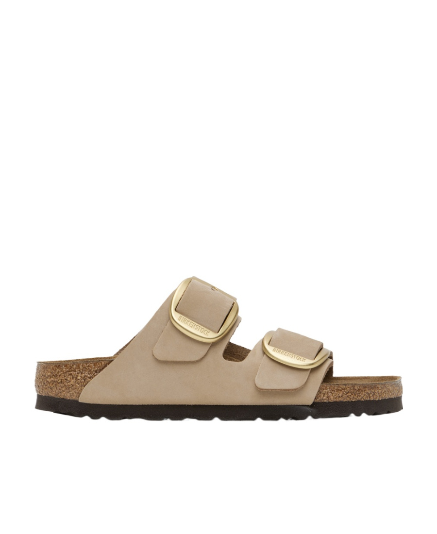 Birkenstock 'arizona' Beige Slip-on Sandals With Engraved Logo In Suede And Cork Woman In Brown