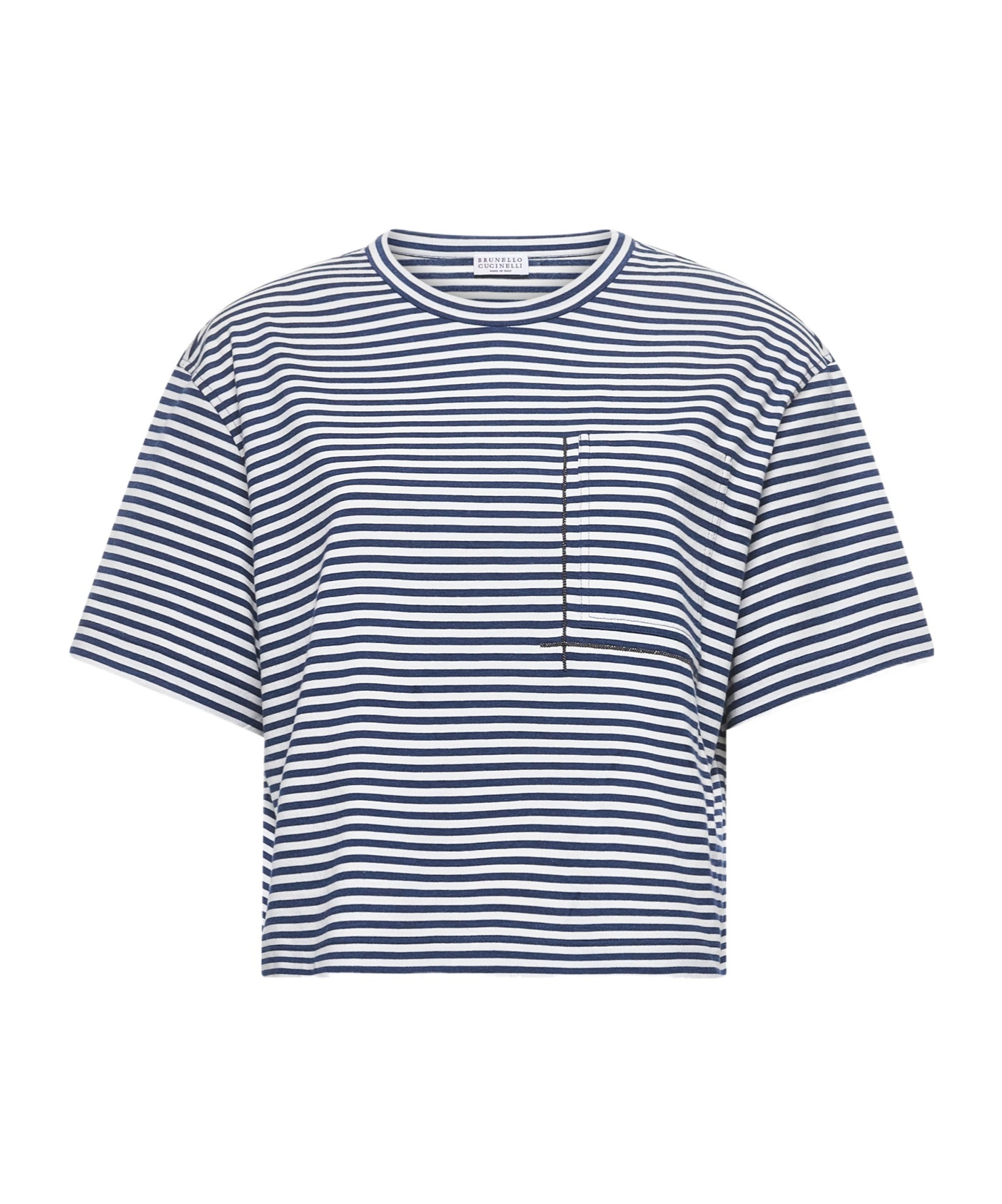 Brunello Cucinelli Striped Jersey Shiny Pocket Detail Crop T-shirt In Blue
