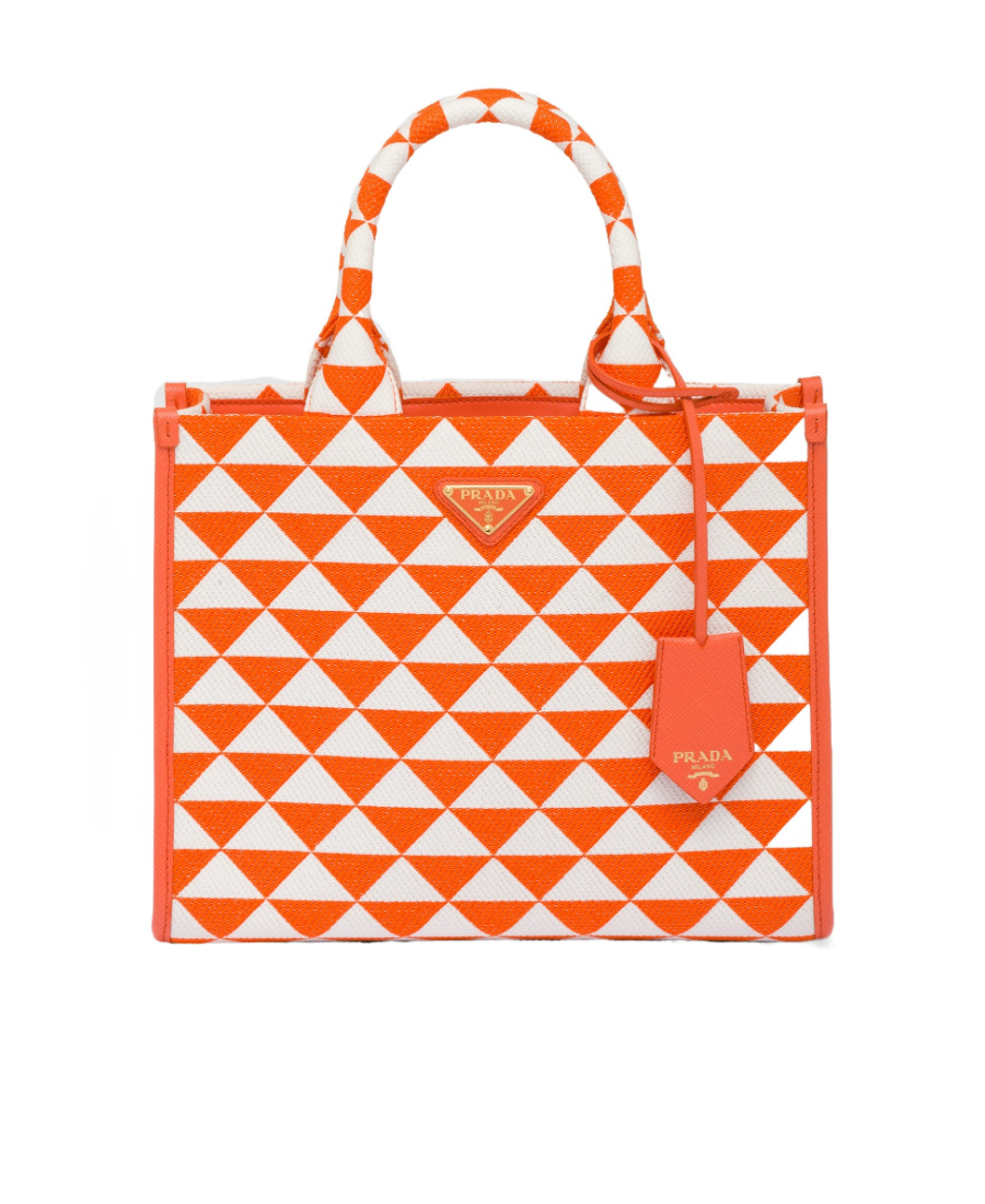 Prada Large Symbole Embroidered Fabric Handbag In Orange/white