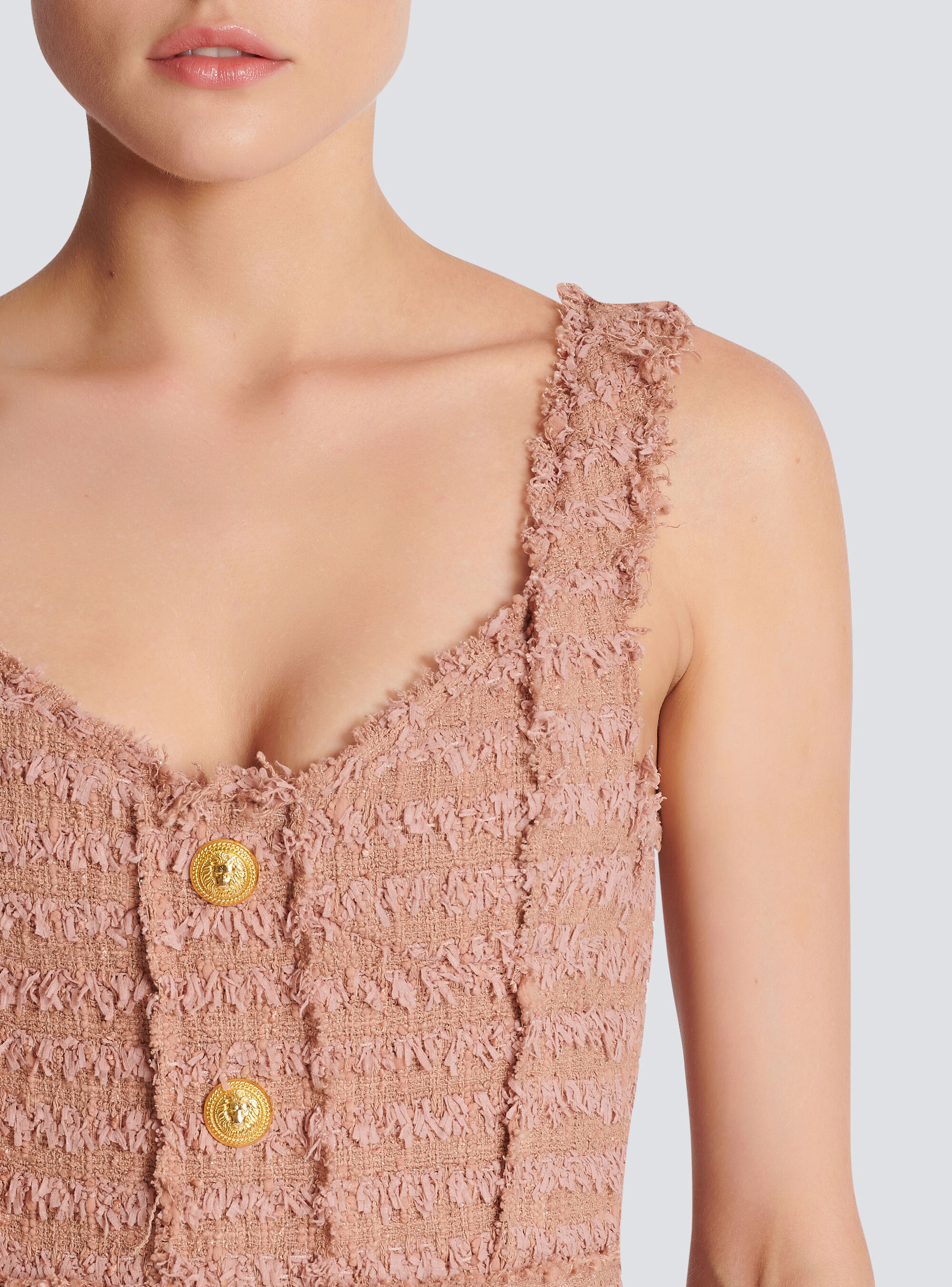 Balmain Button-embossed Strapped Tweed Short Dress In Nude