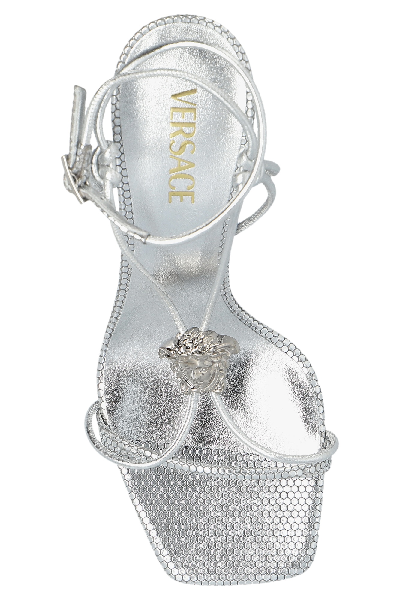 Versace Open Toe High Heel Sandals In Gray
