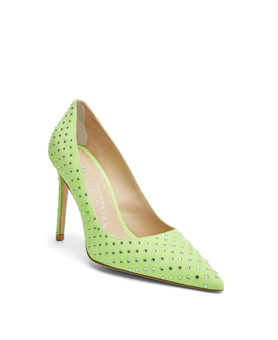 Stuart Weitzman Crystal-embellished Pointed-toe Pumps In Green