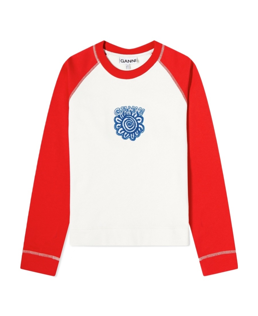 Ganni Long Sleeve Isoli Raglan Contrast Sleeve Sweatshirt In White
