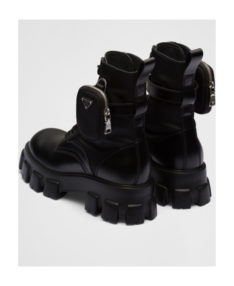 Prada Monolith Brushed Leather And Nylon Boots In Black