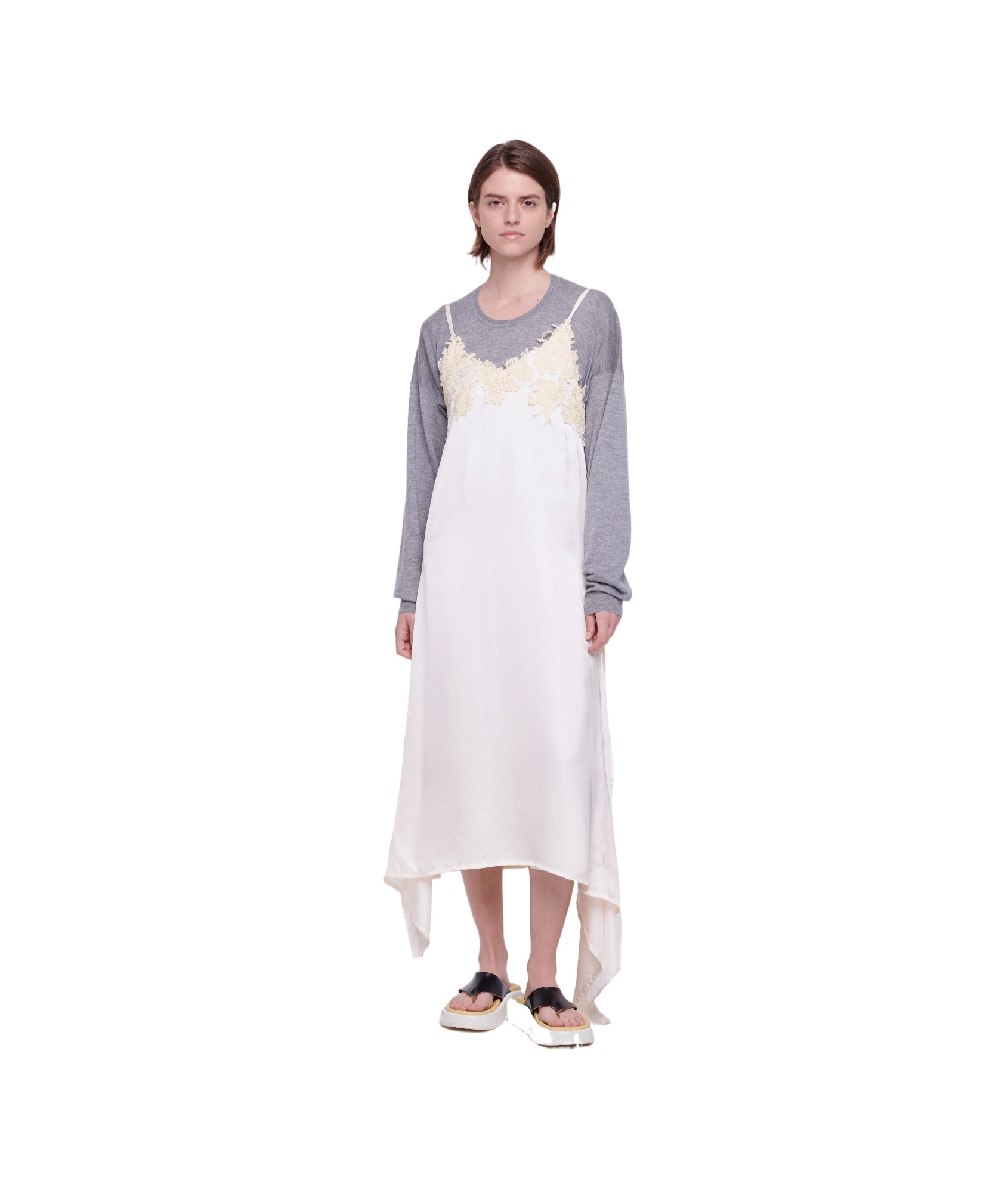 Plan C Floral-lace Satin Slip Dress In White