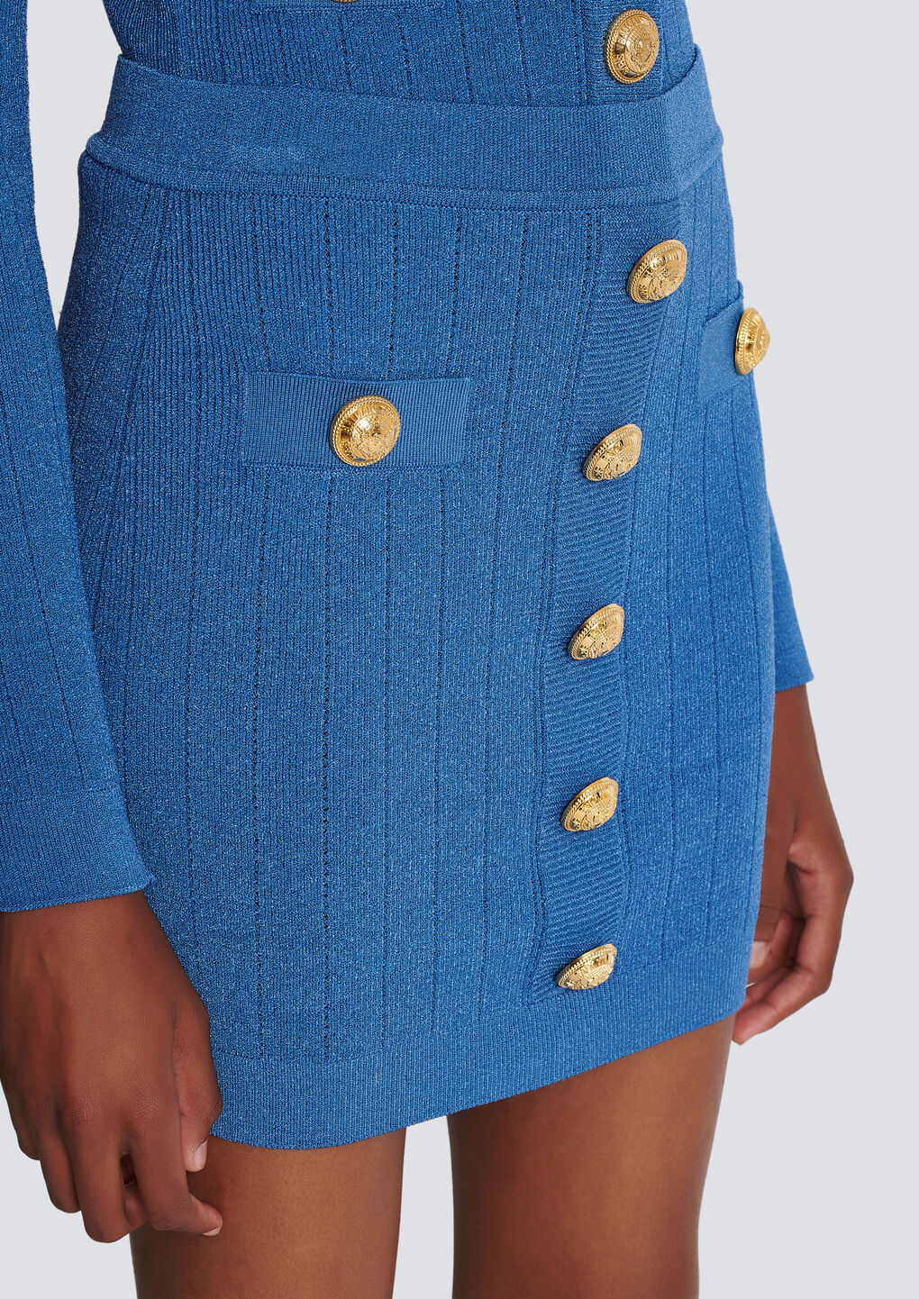 Balmain Knitted Mini Skirt With Decorative Buttons In Blue