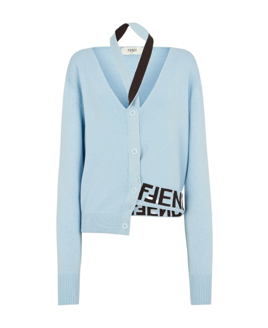 Fendi Melange Pastel Light-blue Stretch Wool Blend Cardigan In Blue