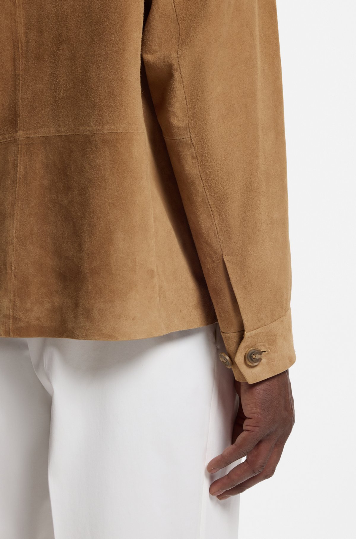 Hugo Boss Tan Button-up Suede Checkered Lining Leather Jacket In Brown