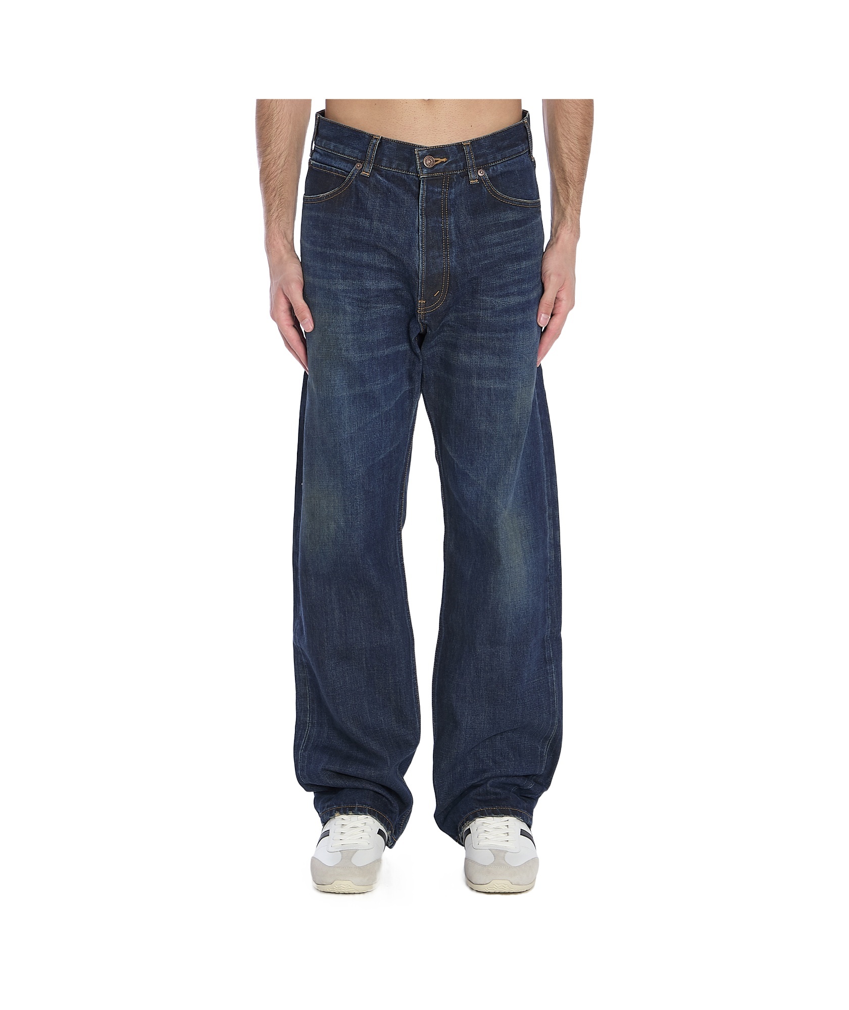 Celine Straight Leg Trousers Contrast Stitching In Blue