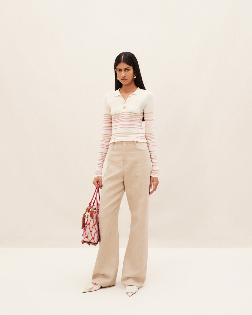 Jacquemus Long-sleeved Striped Polo Shirt In Nude