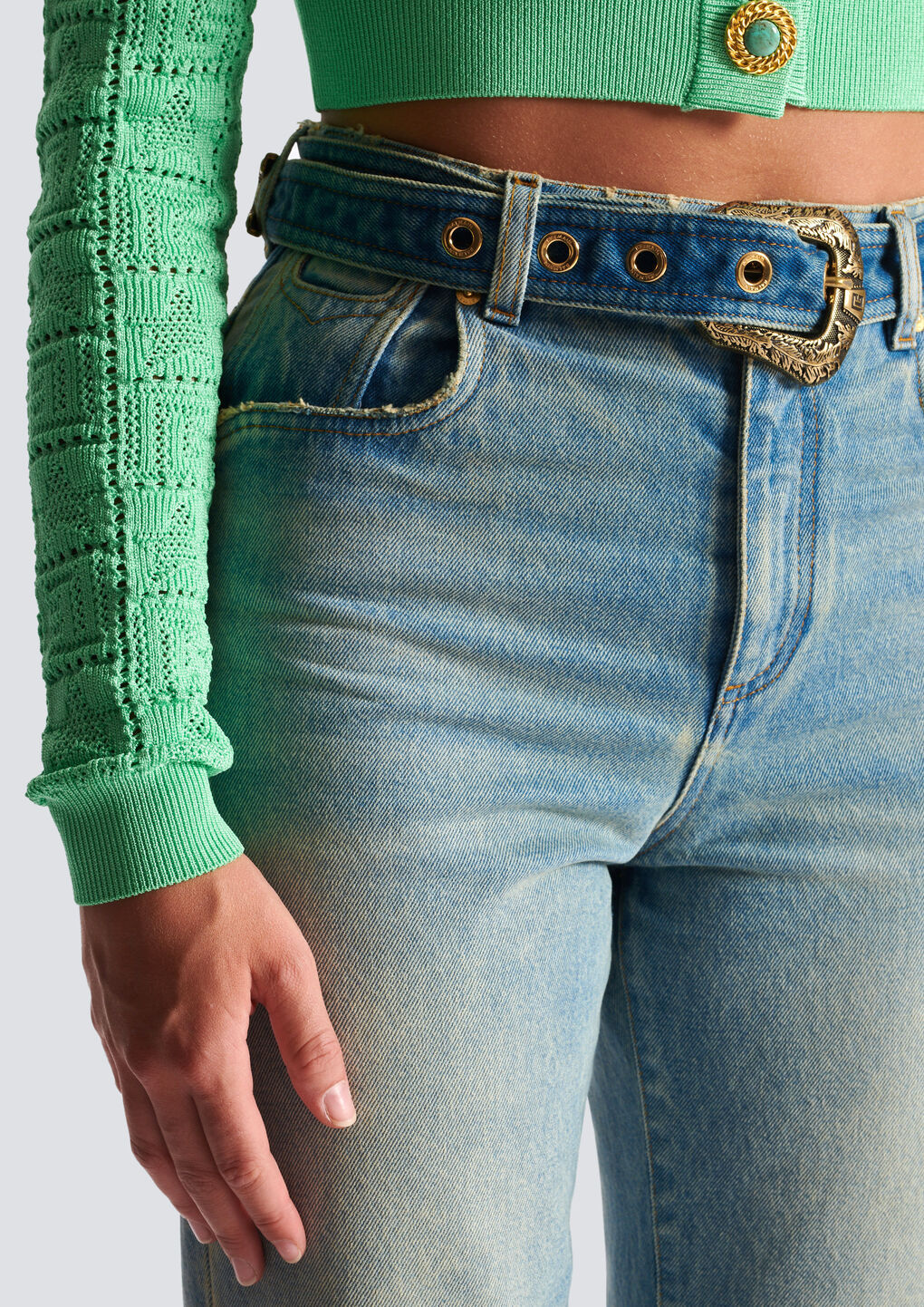 Balmain Belted High-rise Cropped Jeans In Gray
