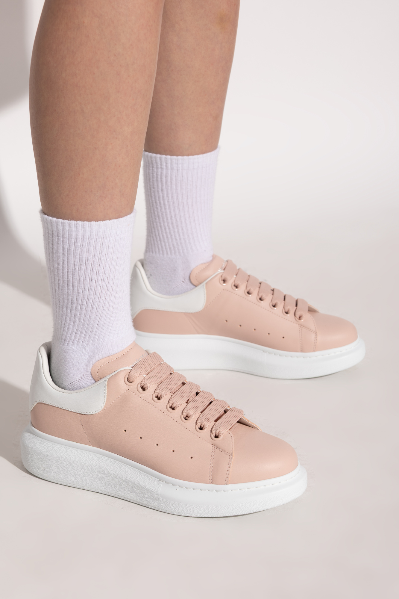 Alexander Mcqueen Pink Leather Sneakers With Light White Leather Heel In Pink