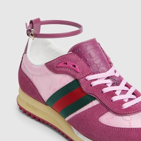 Gucci Nora Web Stripe Suede Sneakers In Pink