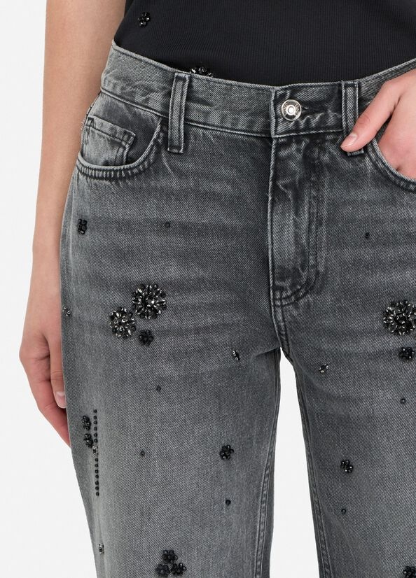 Liu •jo Straight-leg Denim Trousers With Rhinestones In Gray