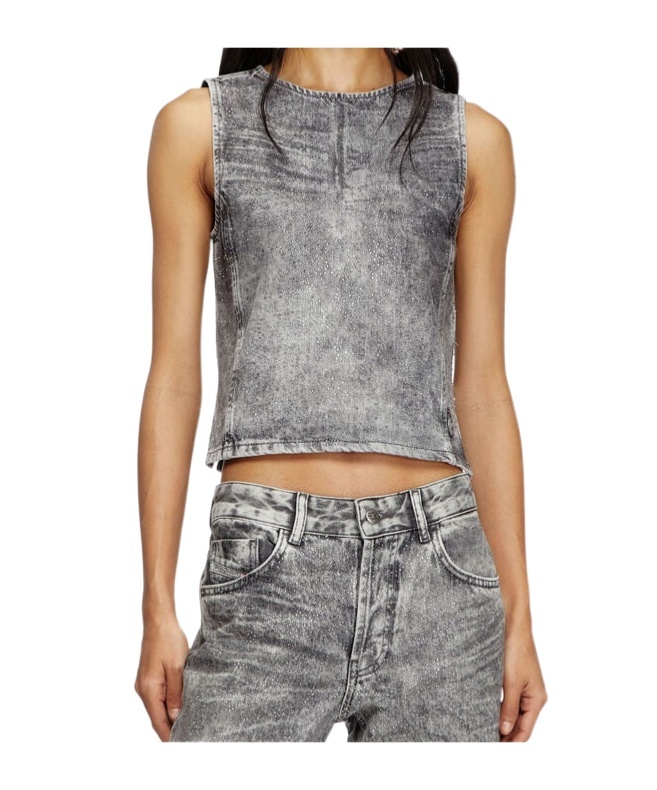 Diesel Distressed Embellished Fitted Sleeveless Top In Gray