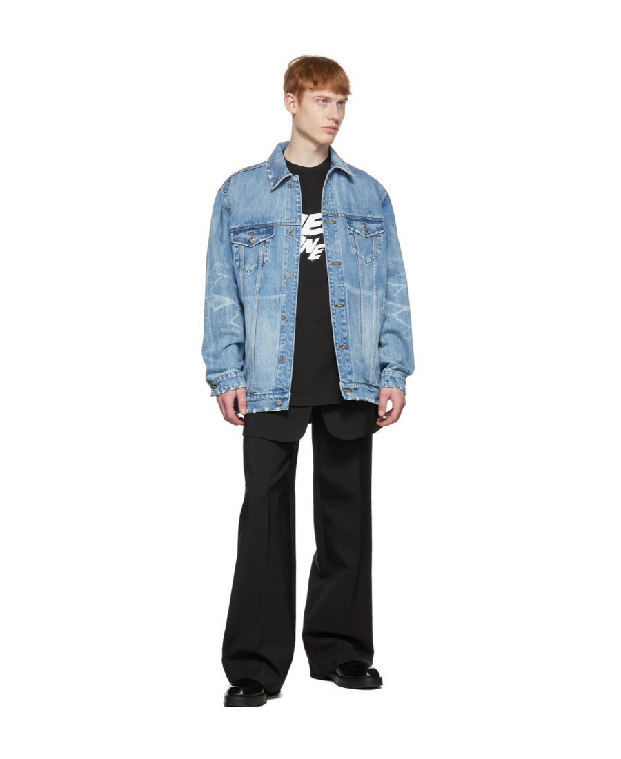 We11 Done Logo Lapel Denim Coat In Blue