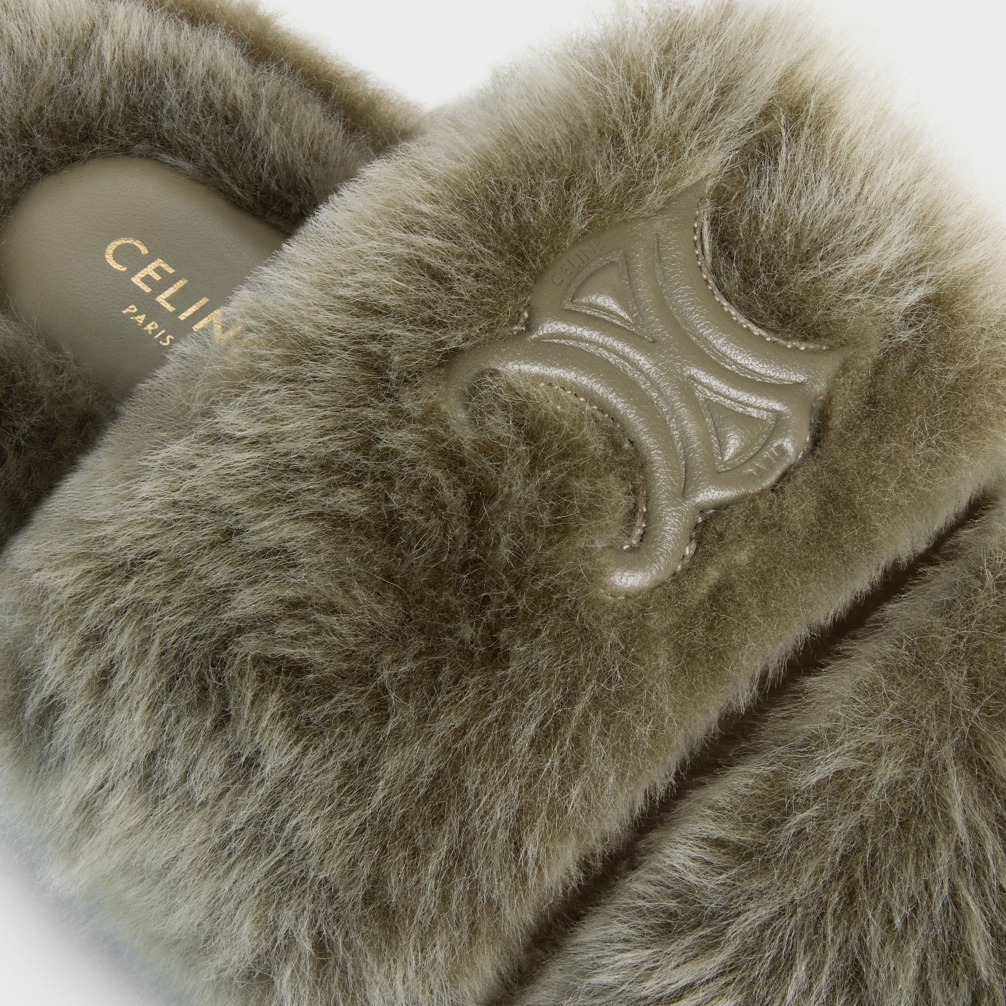 Celine Triomphe Shearling Slipper In Brown