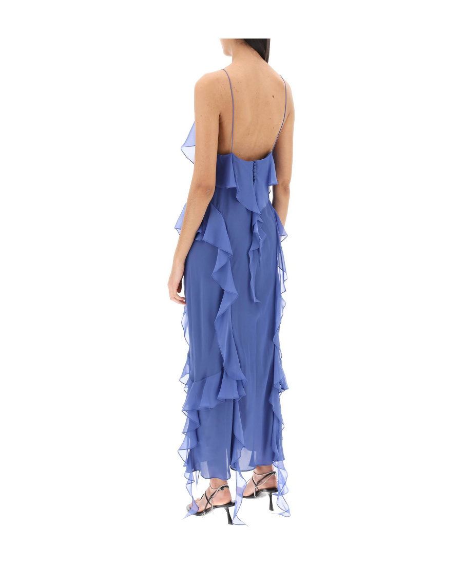 Khaite Pim Cascading-ruffles Sleeveless Maxi Dress In Blue