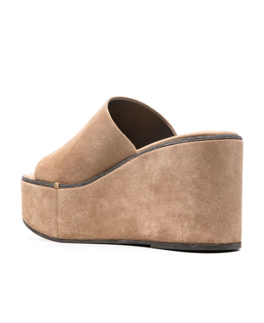 Brunello Cucinelli Suede Monili Platform Slide Sandals In Brown