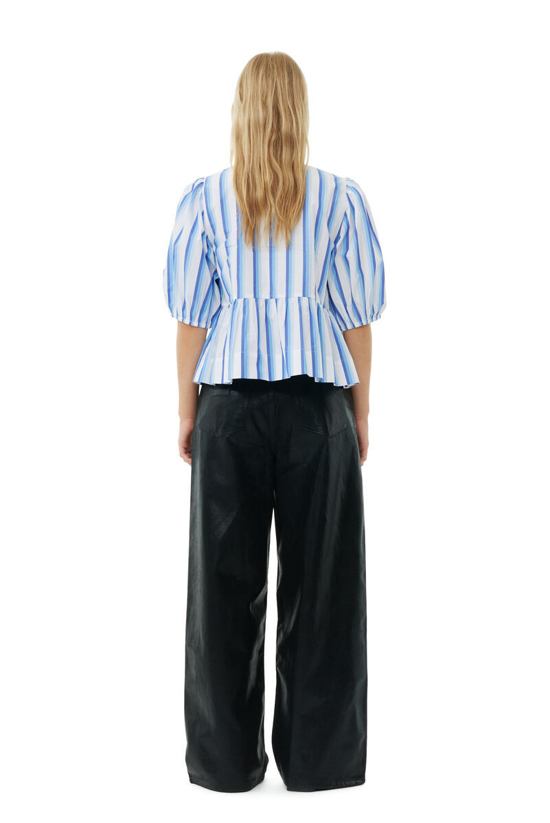 Ganni Blue Striped Cotton Poplin Peplum Tie Blouse