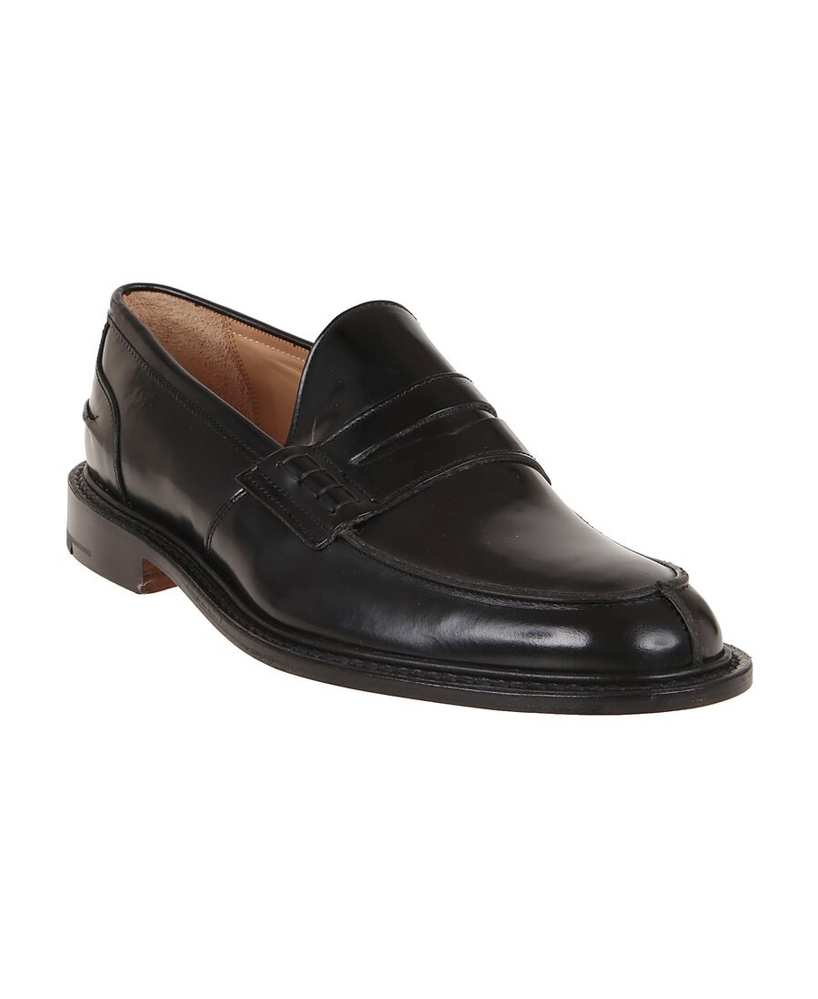 Tricker's Polished Calfskin Penny Loafers With Stitching In Black