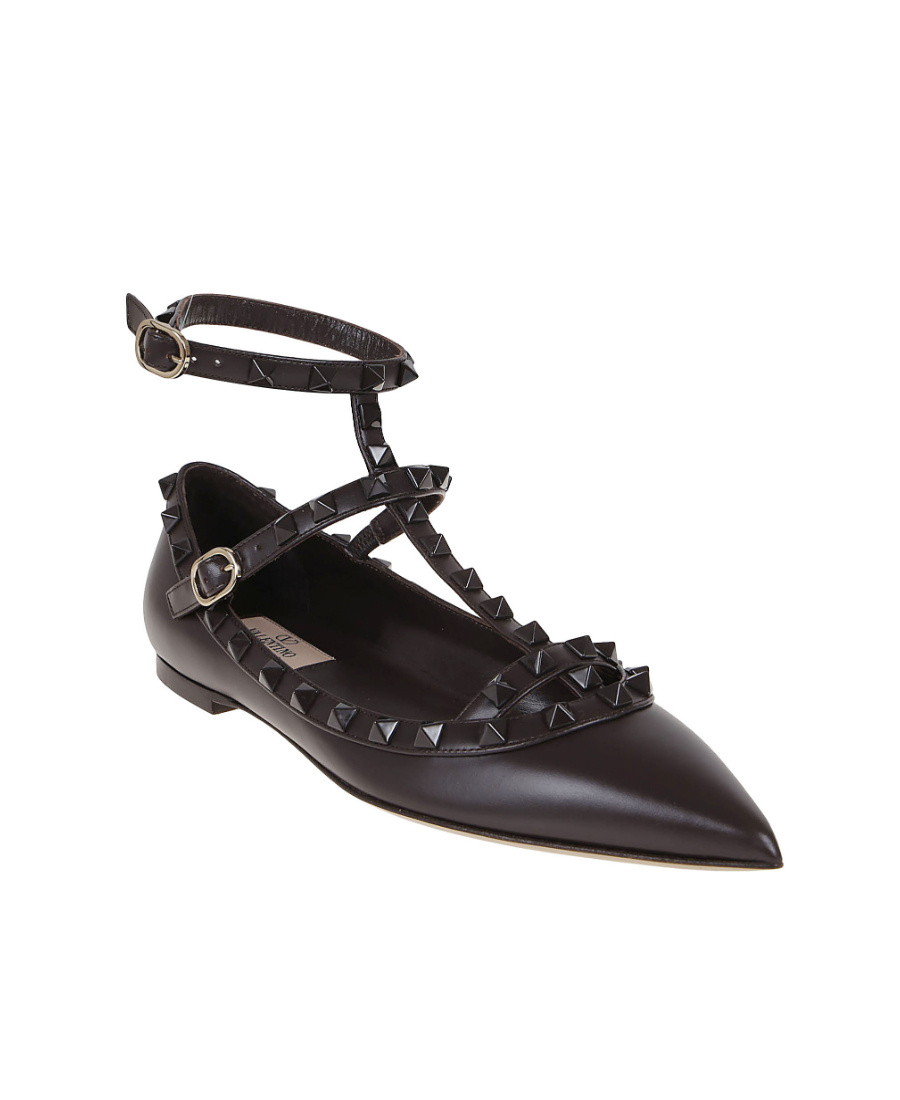 Valentino Rockstud Leather Ballerina Shoes In Brown