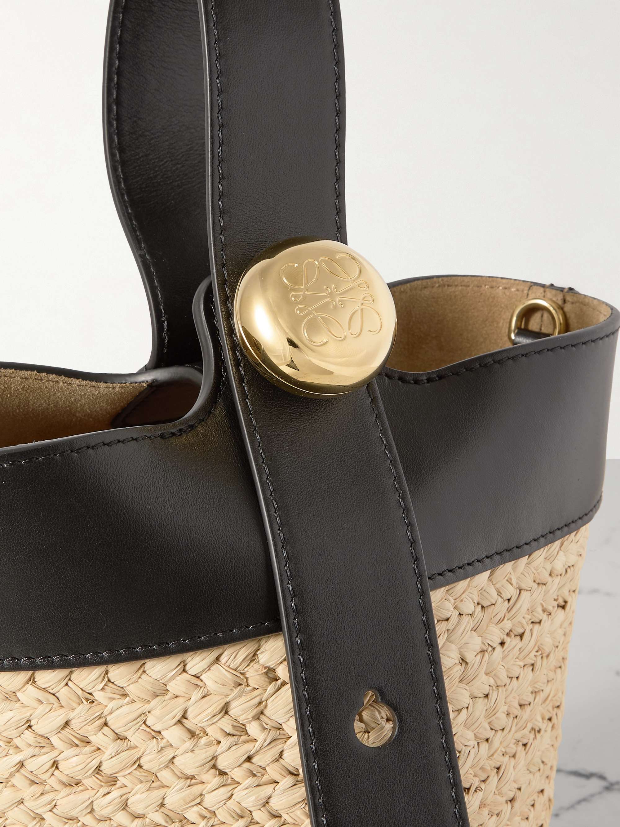 Loewe Pebble Mini Leather-trimmed Raffia Tote In Nude