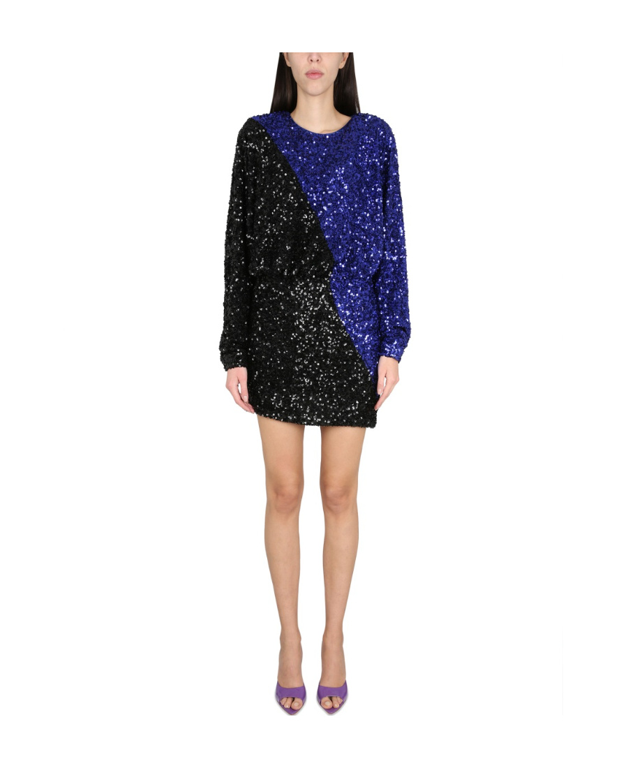 Rotate Birger Christensen Color Block Sequined Mini Dress With Long Sleeves In Black