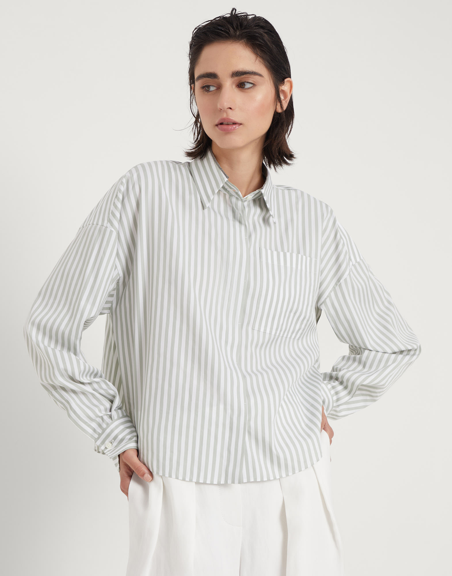 Brunello Cucinelli Striped Chain-embellished Shirt In Gray