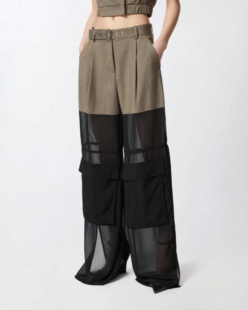 Pinko Wide-leg Cargo Trousers With Semi-sheer Georgette In Black