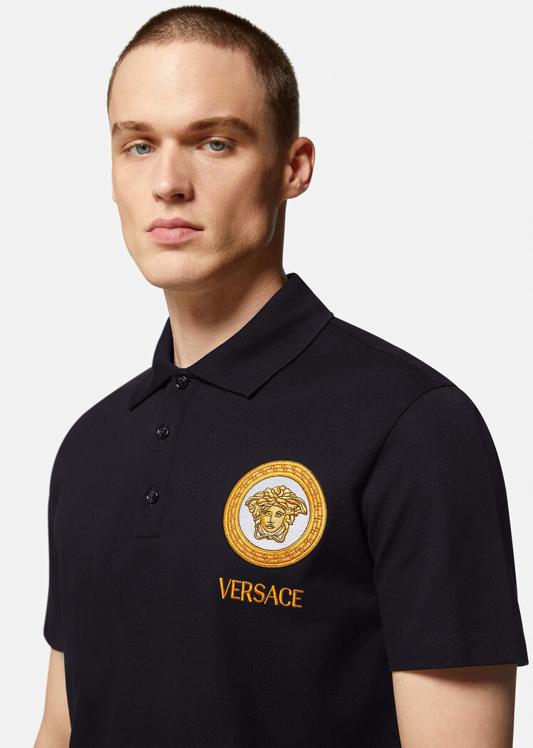 Versace Cotton Polo Shirt With Medusa Patch In Black