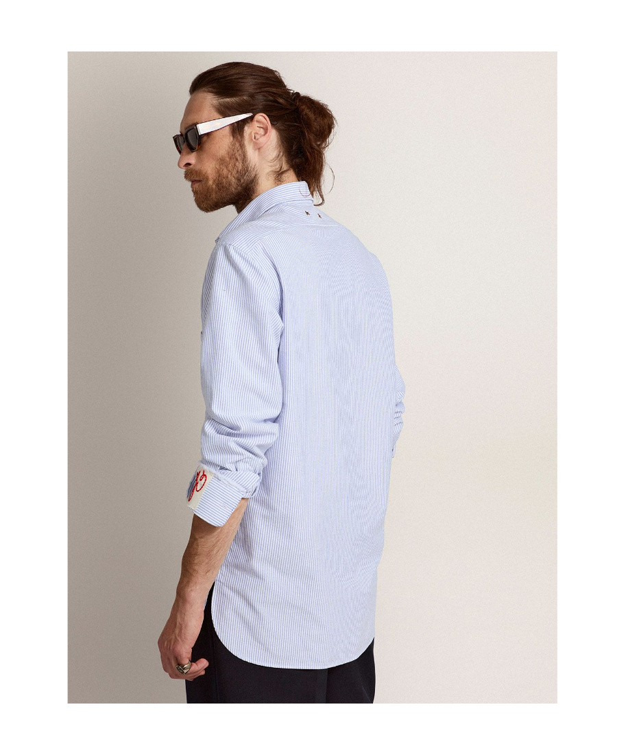 Golden Goose Light Blue Shirt With Classic Collar And All-over Striped Motif In White