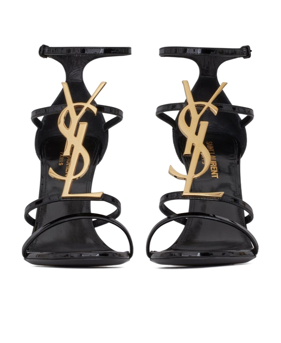 Saint Laurent Cassandra Sandals In Patent Leather With Gold-tone Monogram In Black