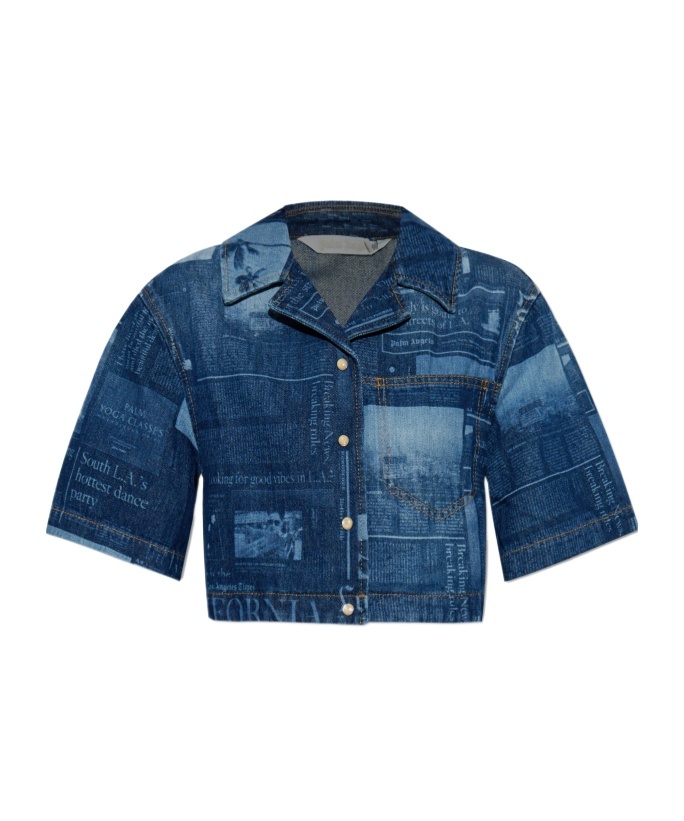 Palm Angels Short Sleeve Denim Shirt In Blue