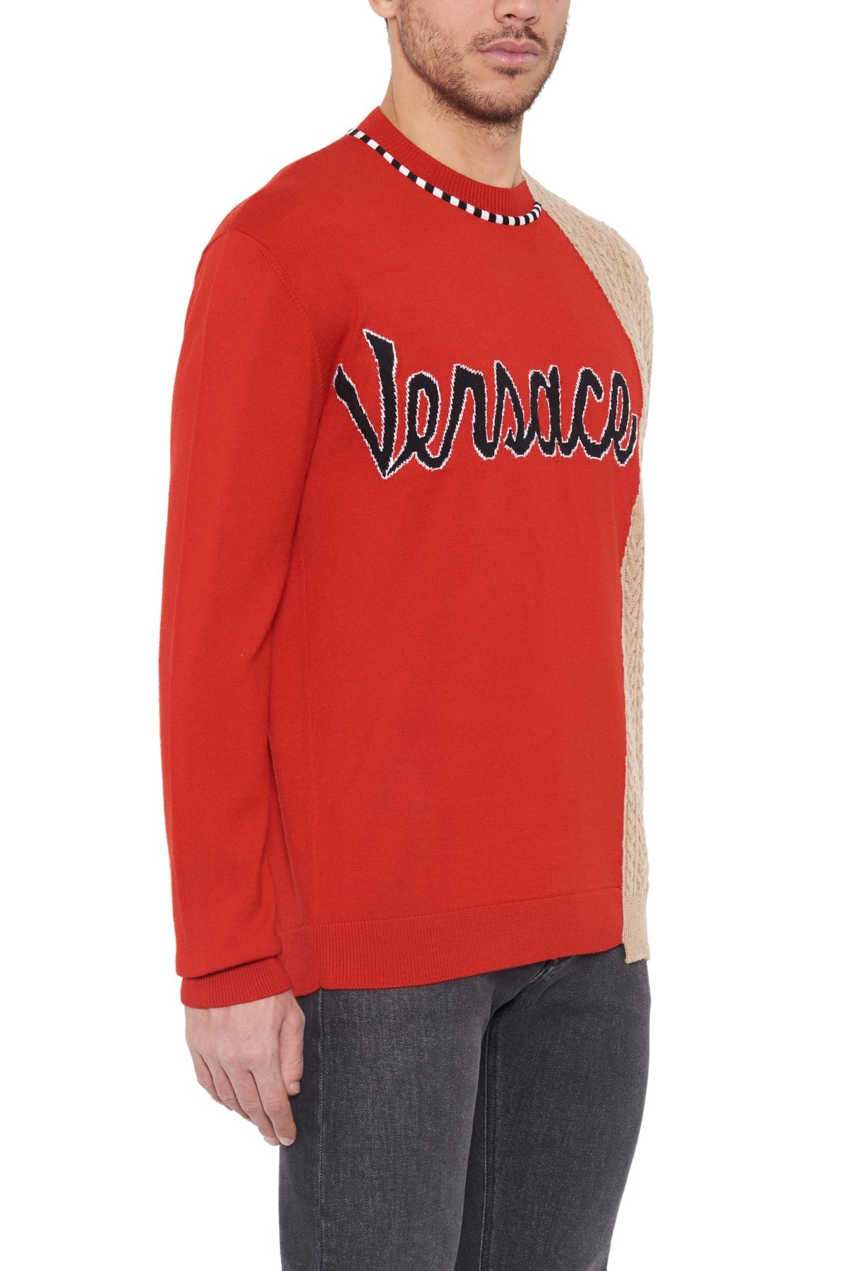 Shop Versace Logo Inlaid Knitted Wool Sweater In Black