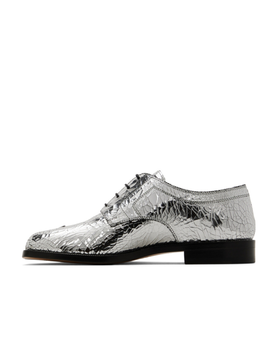 Maison Margiela Tabi Split-toe Metallic Textured-leather Derby Shoes In Silver