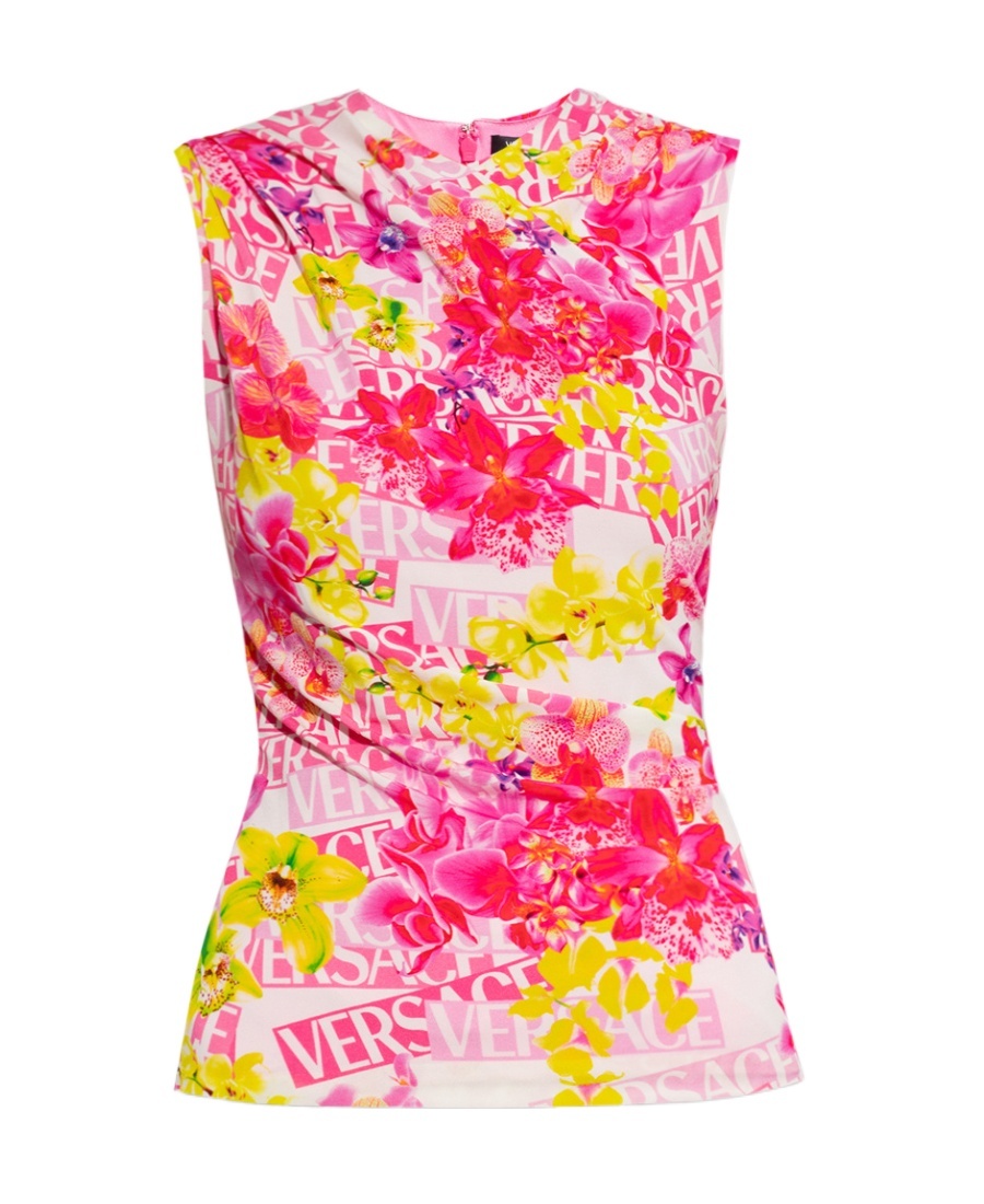 Versace Draped Printed Stretch-jersey Top In Pink