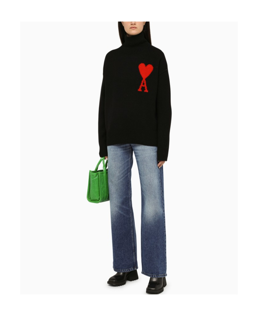 Ami Alexandre Mattiussi Ami Paris Funnel-neck Sweater With Heart Intarsia Design In Black
