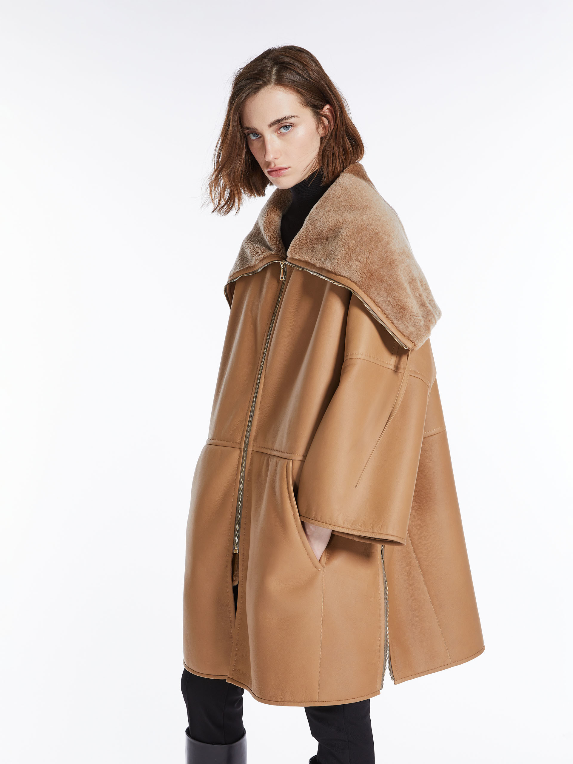 Max Mara Shearling-trim Cape Coat In Nude