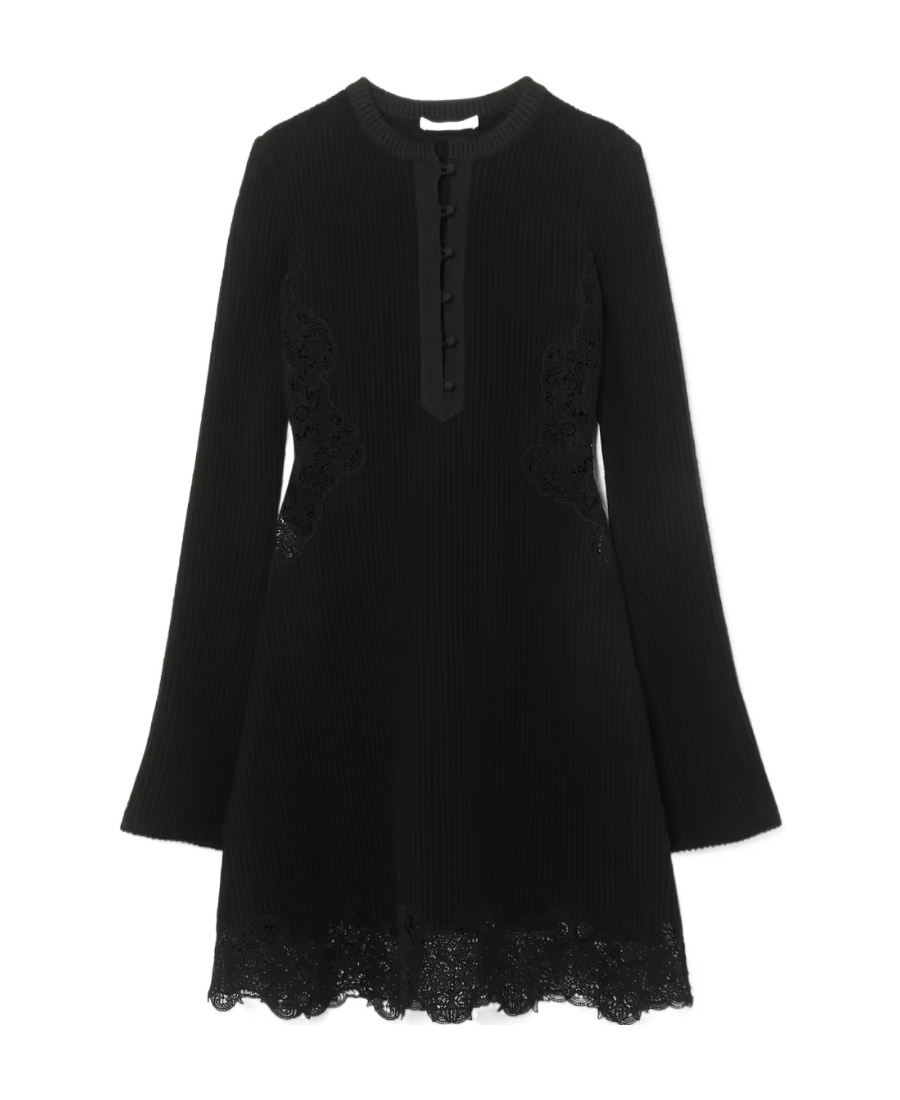 Chloé Lace-trimmed Ribbed Wool Mini Dress In Black