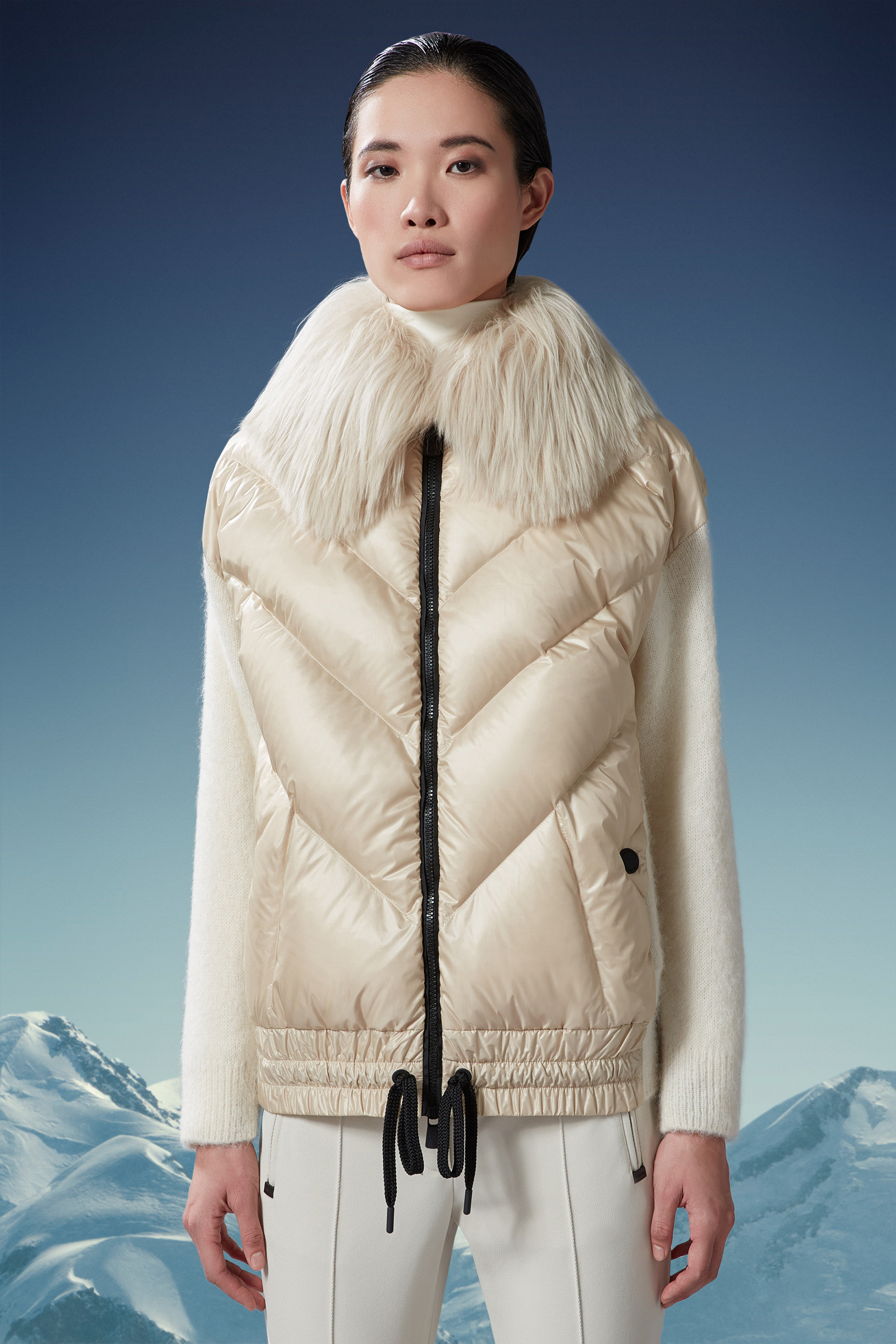 Moncler Panelled Knitted Down Jacket In White