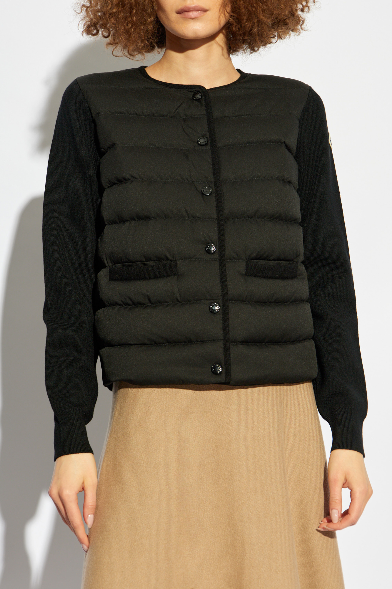 Moncler Wool Collarless Knit Sleeves Long Ribbed In Black