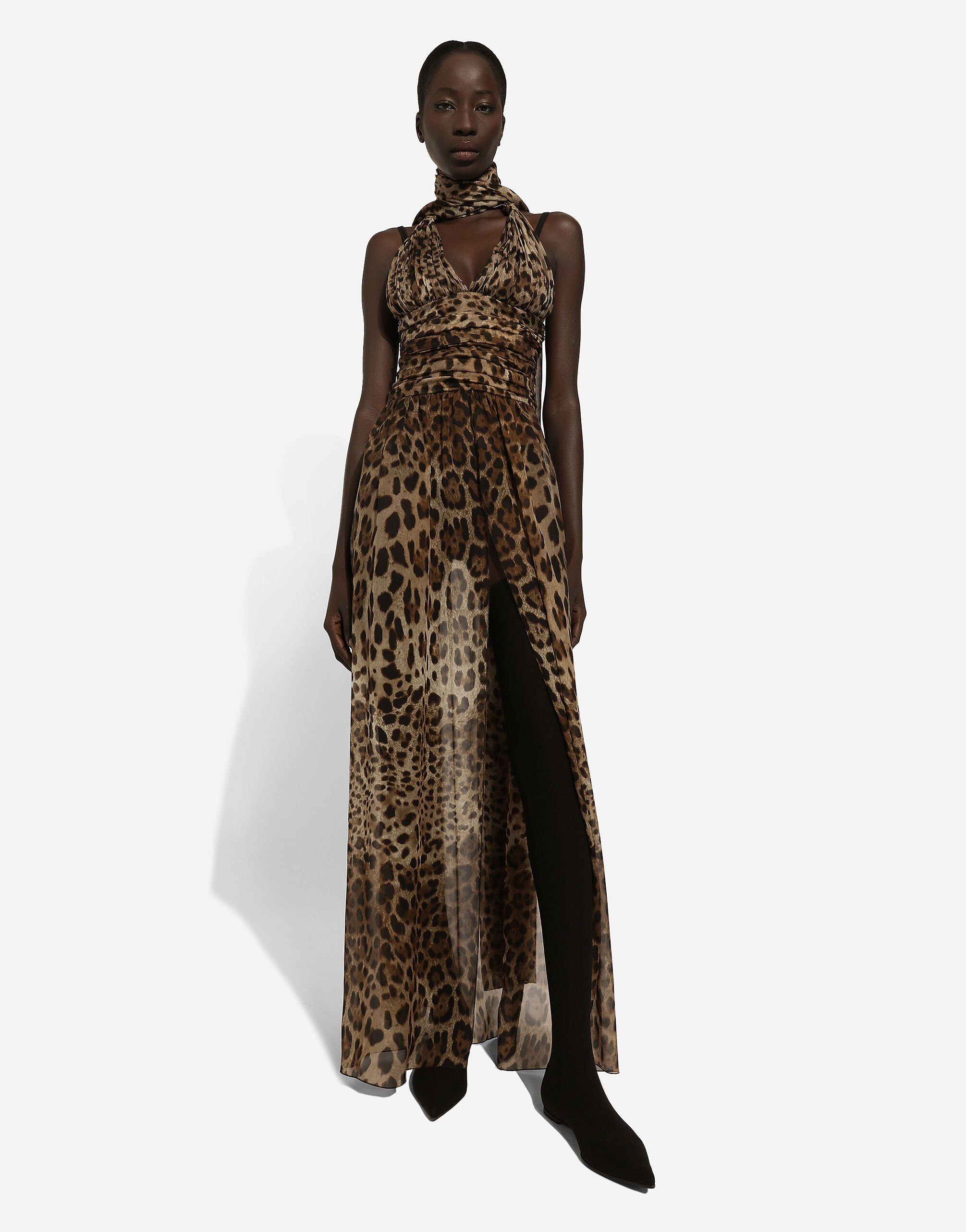 Dolce & Gabbana Leopard-print Halterneck Silk Gown In Brown