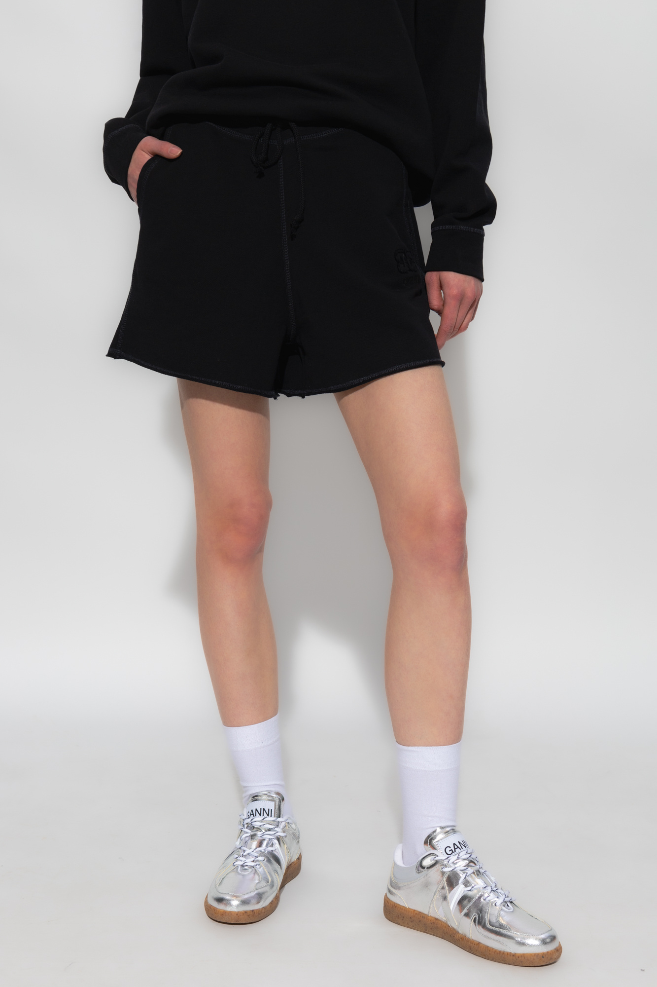 Ganni Cotton Suiting Elasticated Waist Shorts In Black
