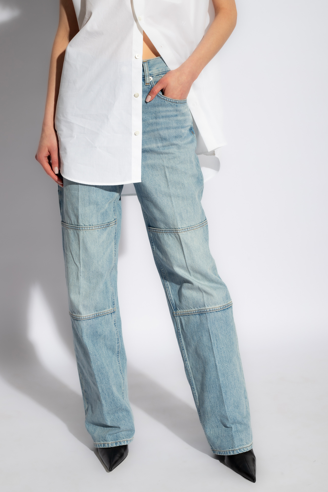 Helmut Lang Belt Ring Denim Trousers In Gray