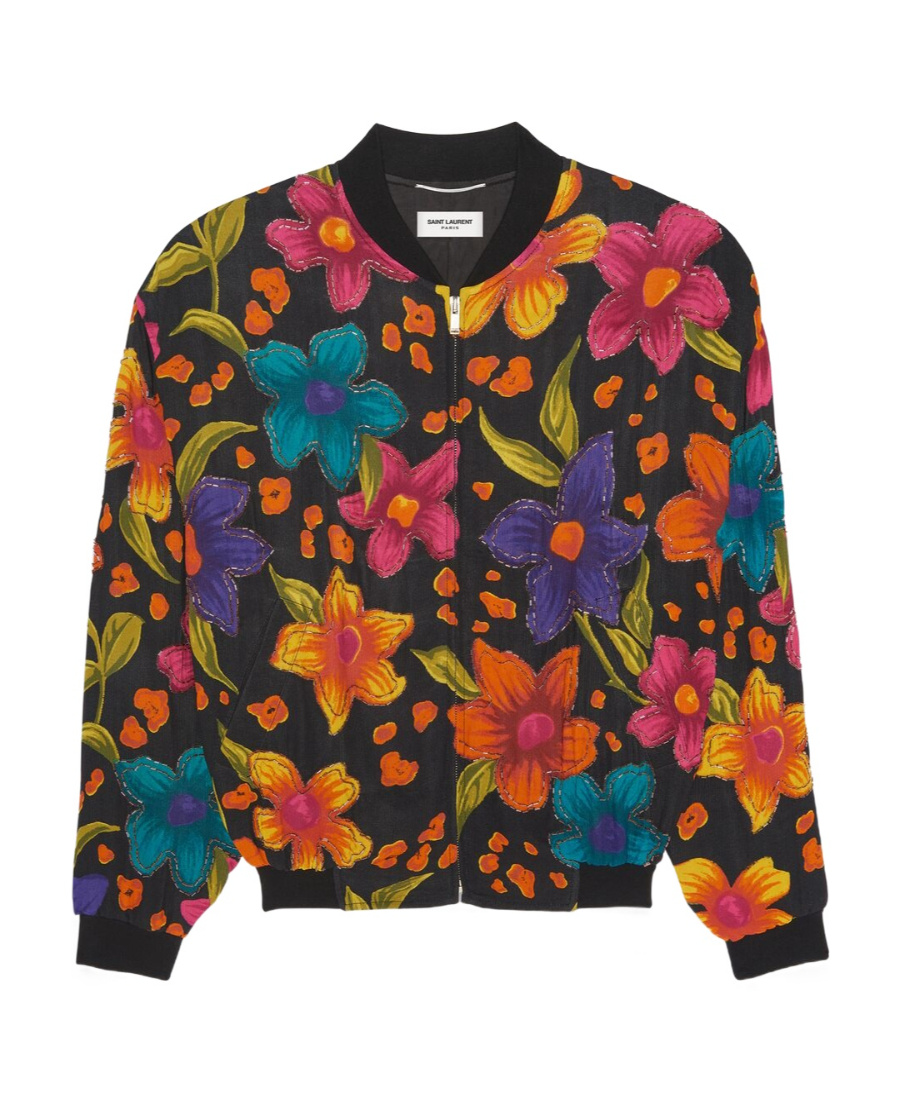 Saint Laurent Embellished Floral-print Crepe Bomber Jacket In Black