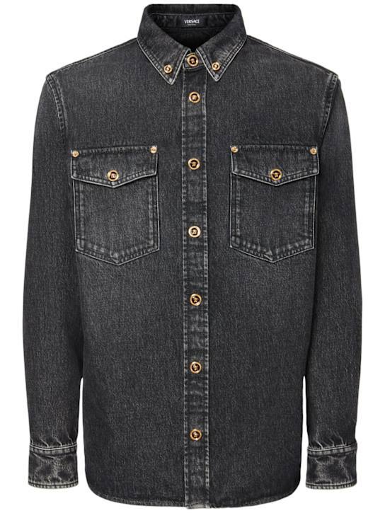 Versace Stonewash Cotton Denim Shirt In Black