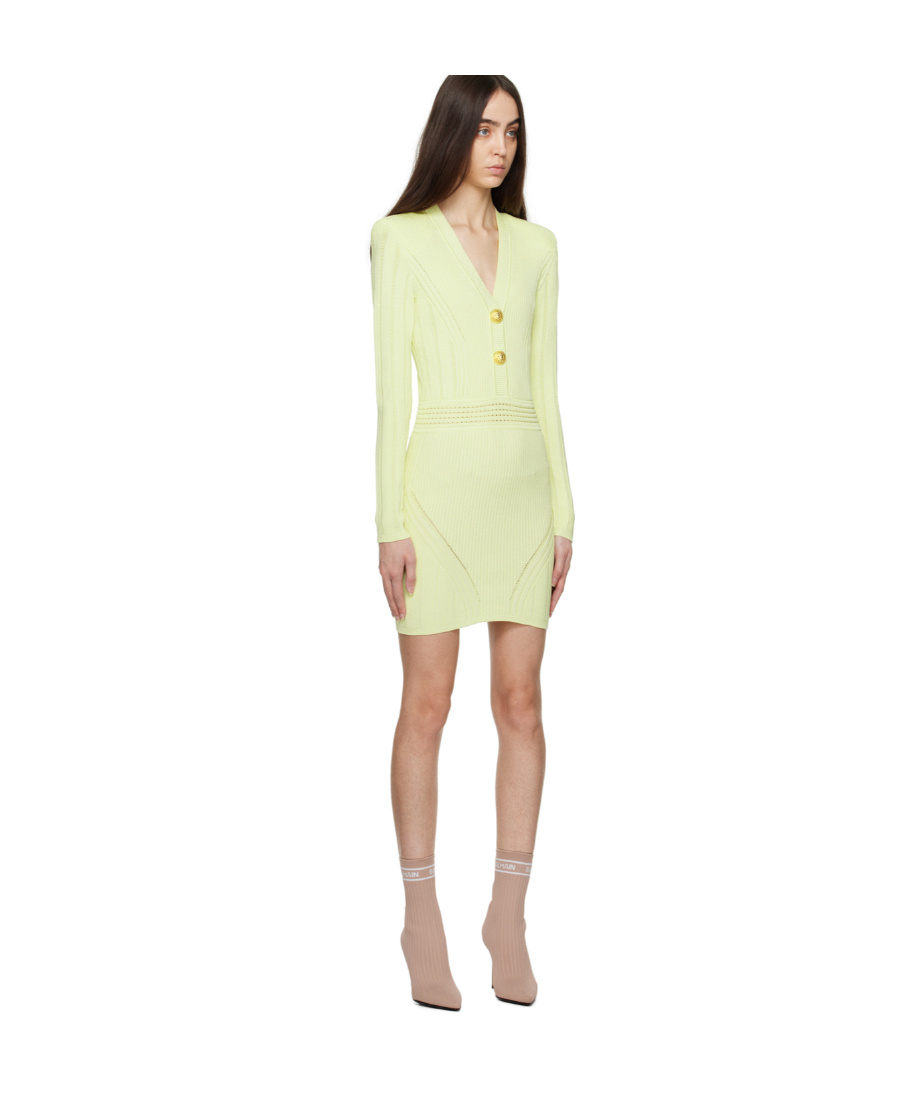 Balmain Yellow Ribbed Minidress In Nude